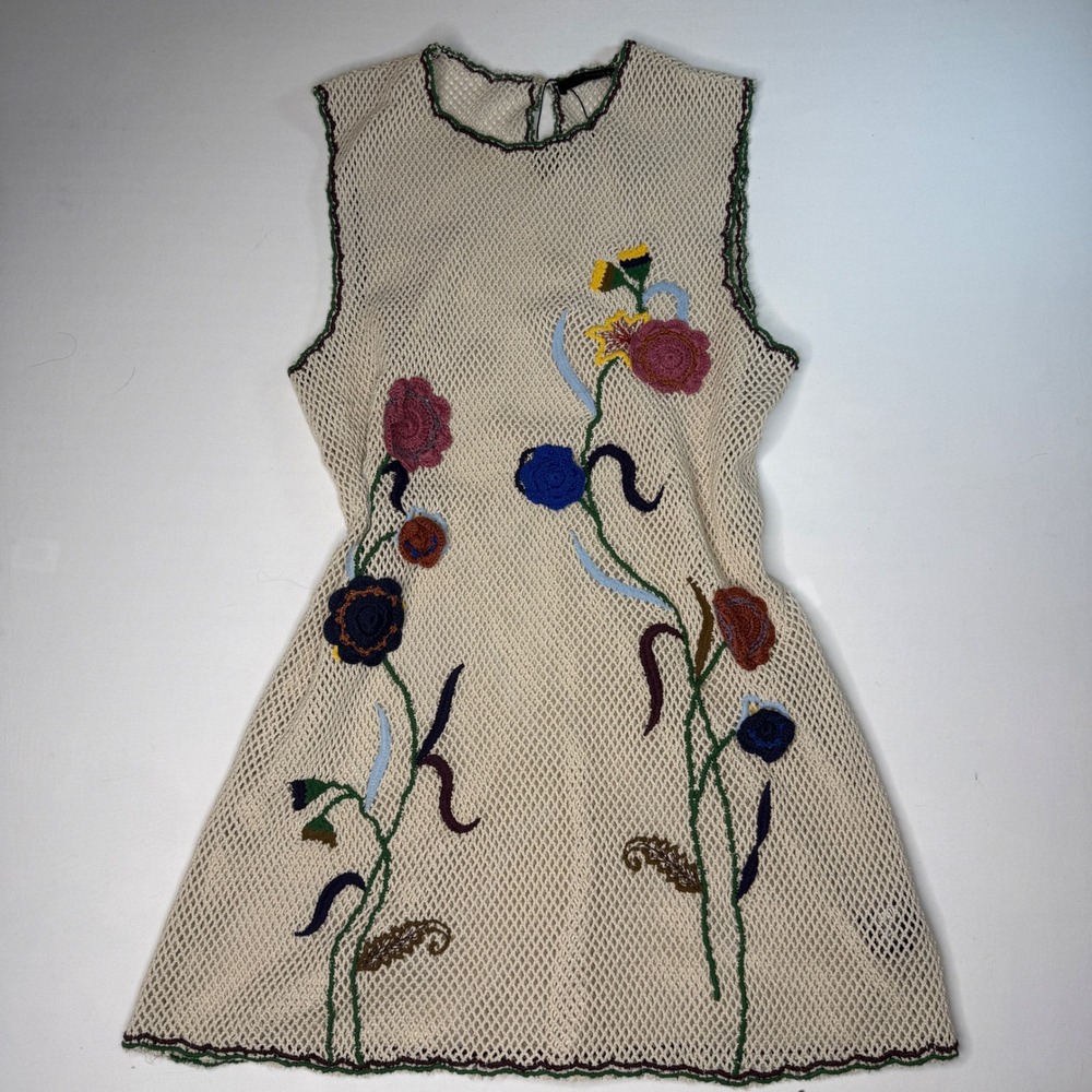 Zara Women Beige Knit Mini Dress 3D Crochet Floral Applique Size L Boho NWOT - Picture 2 of 10